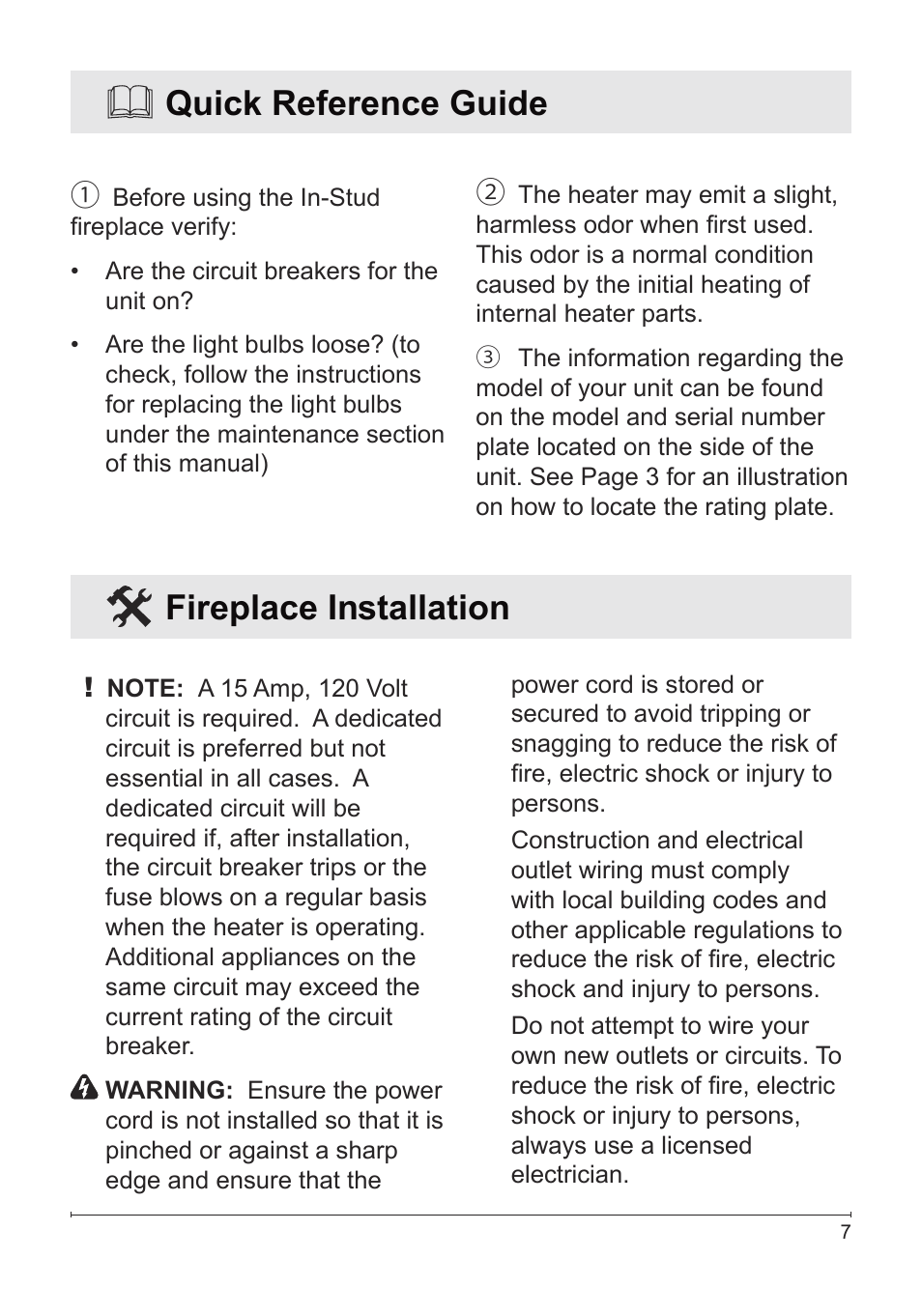 Quick reference guide, Fireplace installation | Dimplex Electric Fireplace VCX1525 User Manual | Page 7 / 20