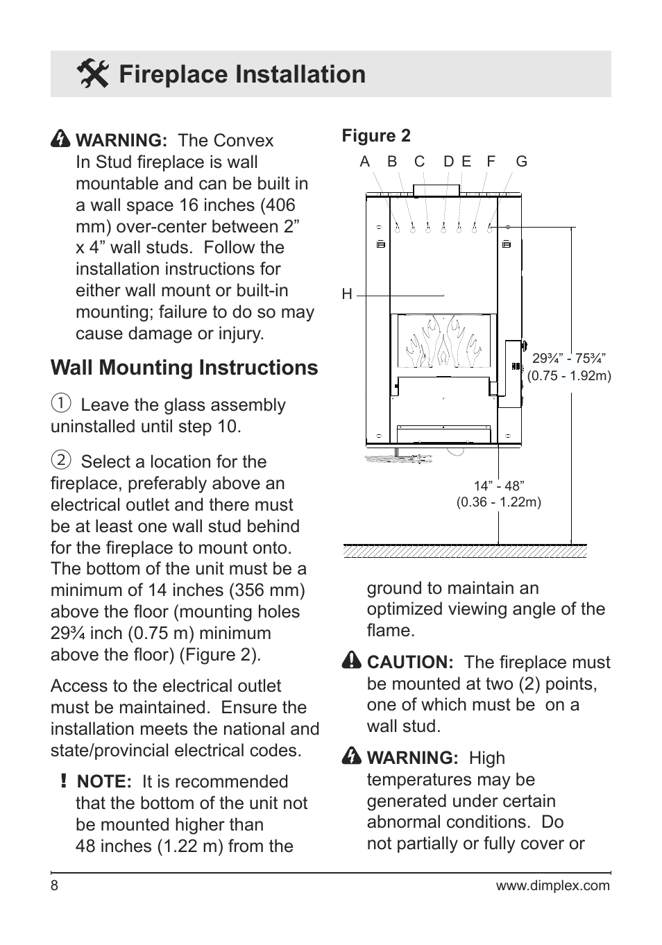 Fireplace installation, Wall mounting instructions | Dimplex Electric Fireplace VCX1525 User Manual | Page 8 / 20