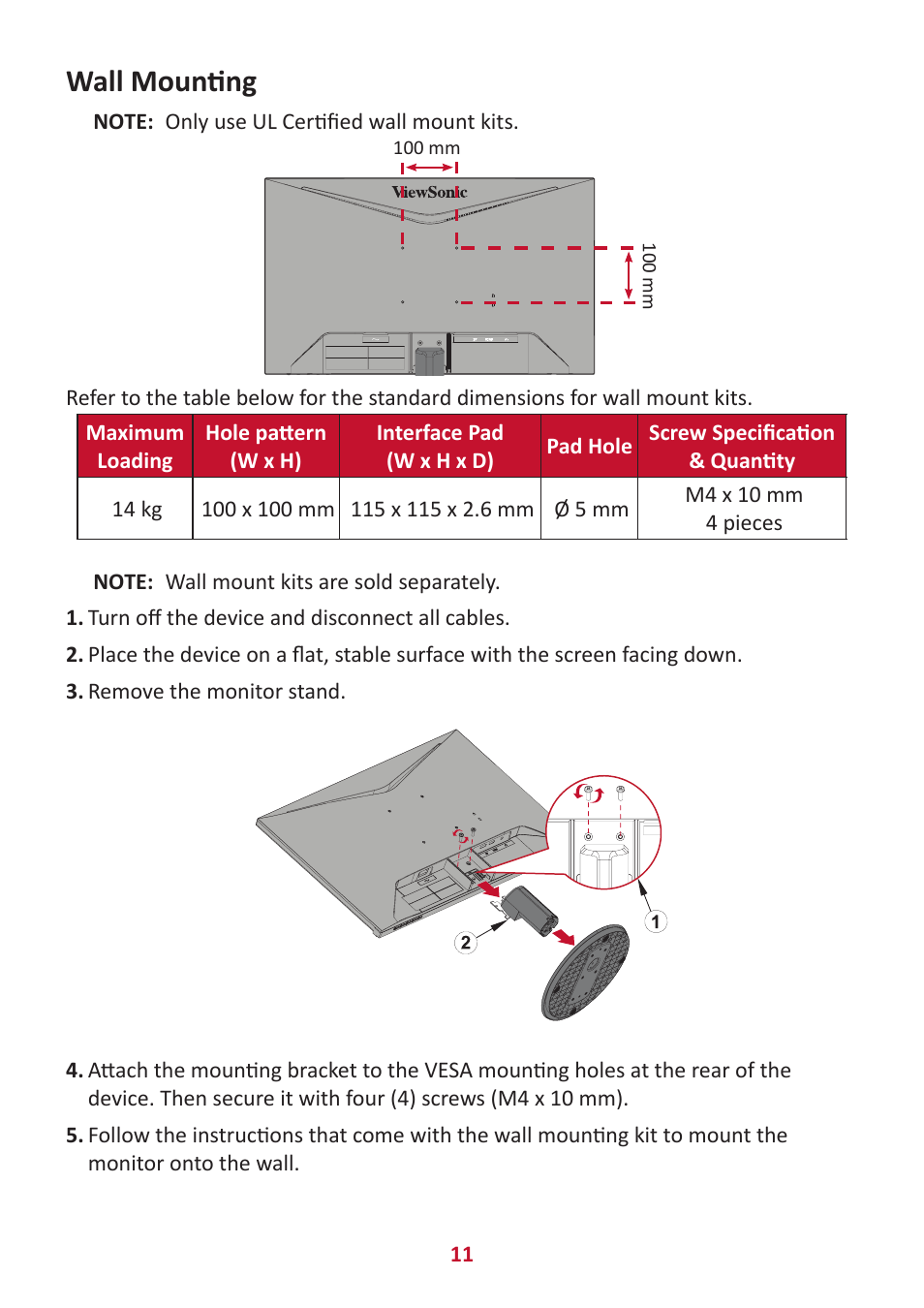 Wall mounting | VIEWSONIC VX2416 23.8" 100 Hz Gaming Monitor User Manual | Page 11 / 49