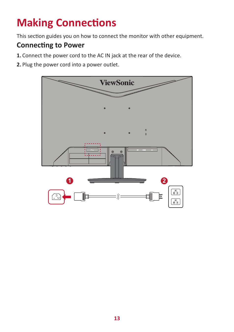 Making connections, Connecting to power | VIEWSONIC VX2416 23.8" 100 Hz Gaming Monitor User Manual | Page 13 / 49