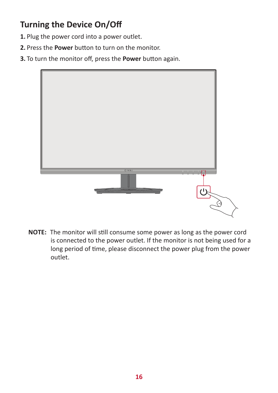 Turning the device on/off | VIEWSONIC VX2416 23.8" 100 Hz Gaming Monitor User Manual | Page 16 / 49