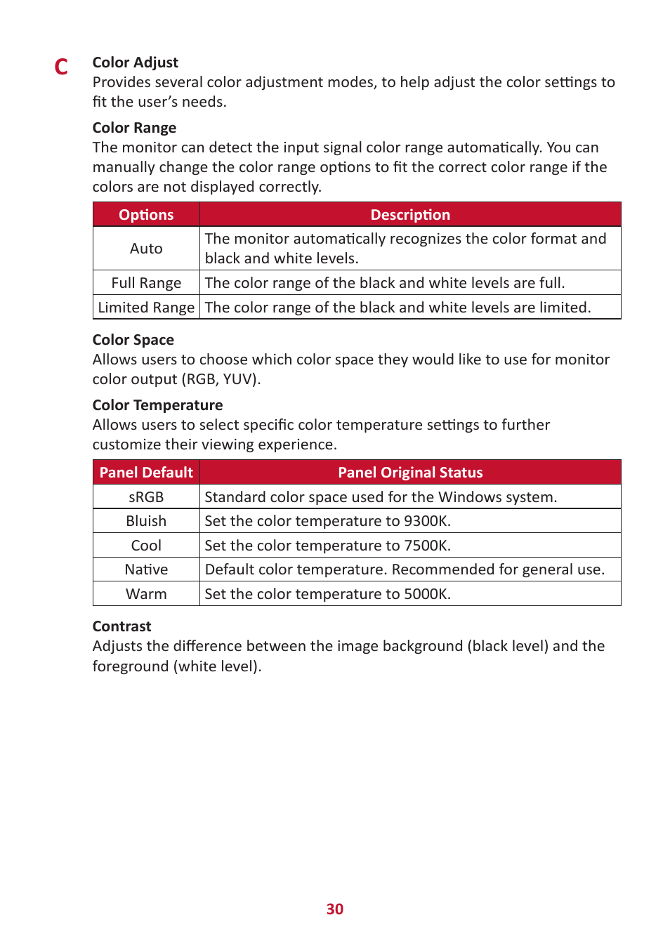 VIEWSONIC VX2416 23.8" 100 Hz Gaming Monitor User Manual | Page 30 / 49