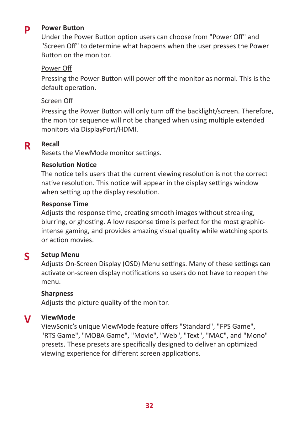 VIEWSONIC VX2416 23.8" 100 Hz Gaming Monitor User Manual | Page 32 / 49