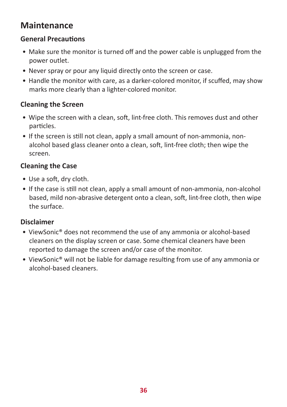 Maintenance, General precautions, Cleaning the screen | Cleaning the case | VIEWSONIC VX2416 23.8" 100 Hz Gaming Monitor User Manual | Page 36 / 49