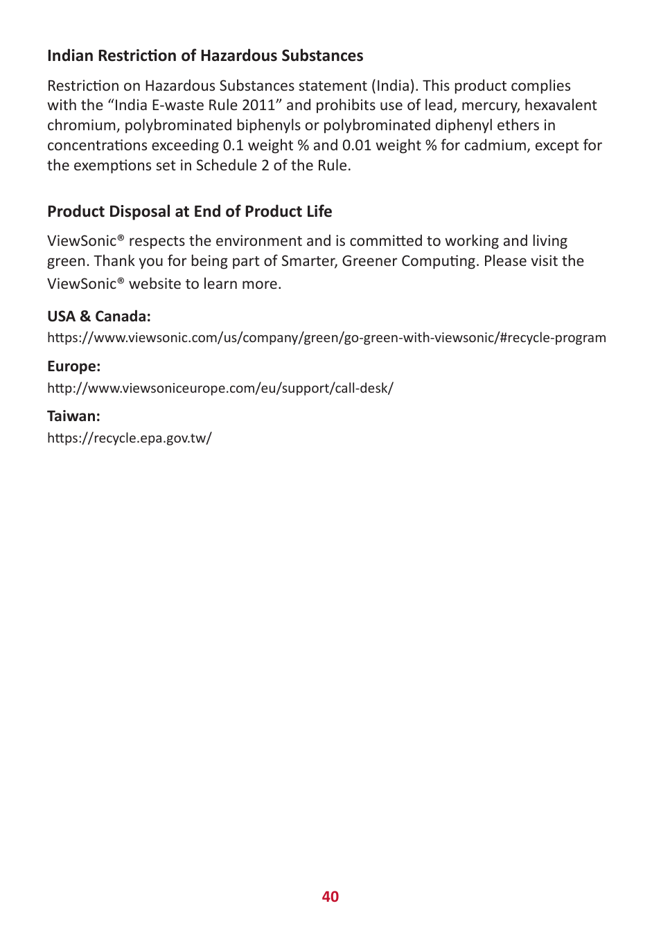 Indian restriction of hazardous substances, Product disposal at end of product life | VIEWSONIC VX2416 23.8" 100 Hz Gaming Monitor User Manual | Page 40 / 49