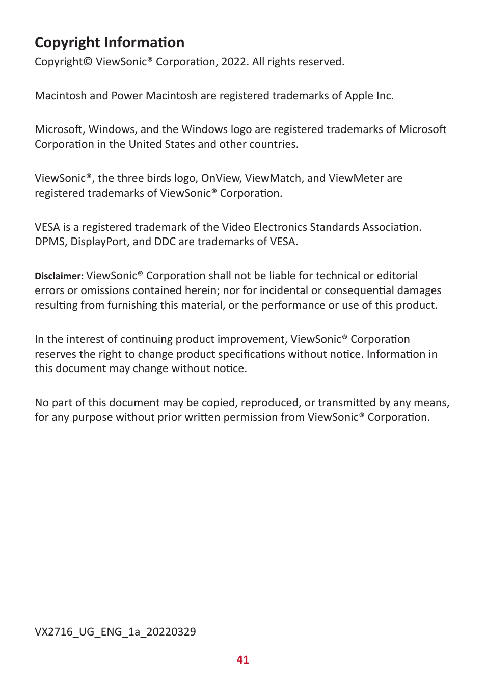 Copyright information | VIEWSONIC VX2416 23.8" 100 Hz Gaming Monitor User Manual | Page 41 / 49