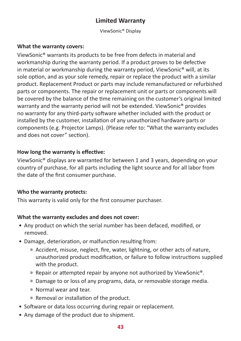 Limited warranty | VIEWSONIC VX2416 23.8" 100 Hz Gaming Monitor User Manual | Page 43 / 49