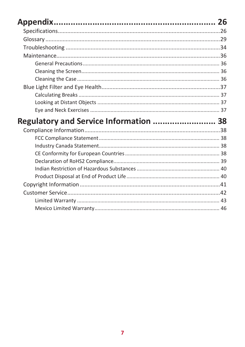 Appendix, Regulatory and service information | VIEWSONIC VX2416 23.8" 100 Hz Gaming Monitor User Manual | Page 7 / 49