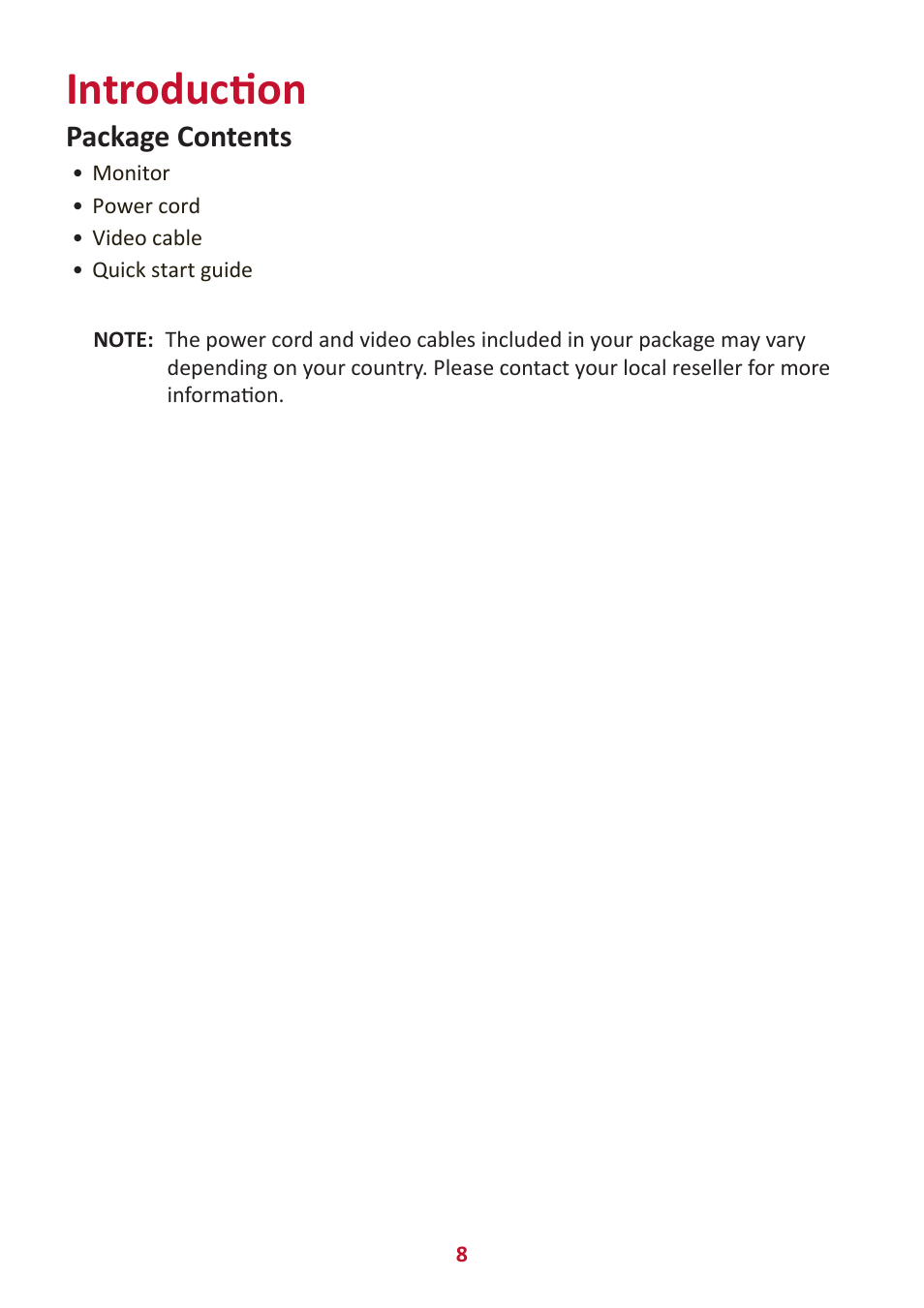 Introduction, Package contents | VIEWSONIC VX2416 23.8" 100 Hz Gaming Monitor User Manual | Page 8 / 49
