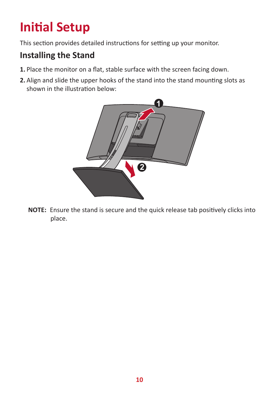 Initial setup, Installing the stand | VIEWSONIC VP3881a 37.5" 21:9 4K Curved IPS Monitor User Manual | Page 10 / 91