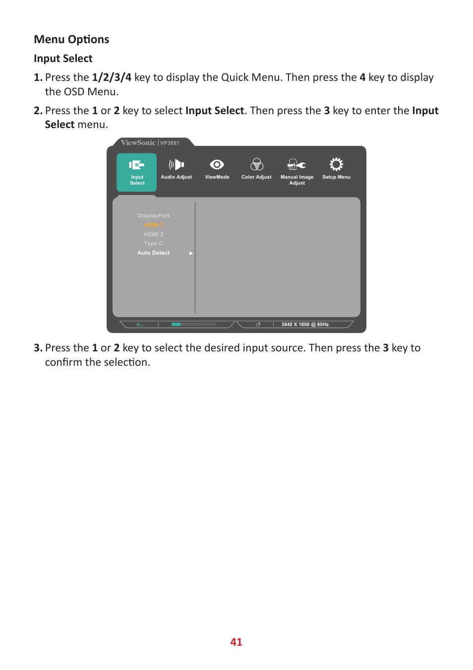 Menu options | VIEWSONIC VP3881a 37.5" 21:9 4K Curved IPS Monitor User Manual | Page 41 / 91