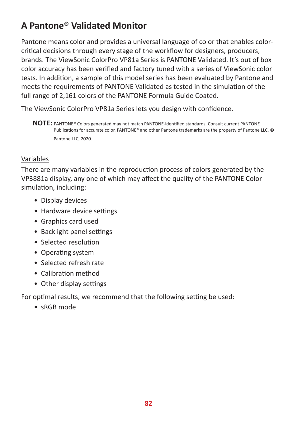 A pantone® validated monitor | VIEWSONIC VP3881a 37.5" 21:9 4K Curved IPS Monitor User Manual | Page 82 / 91