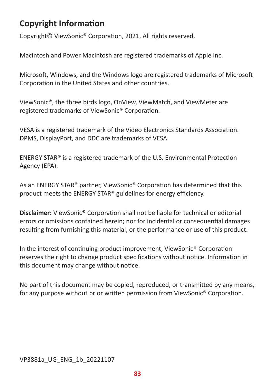 Copyright information | VIEWSONIC VP3881a 37.5" 21:9 4K Curved IPS Monitor User Manual | Page 83 / 91