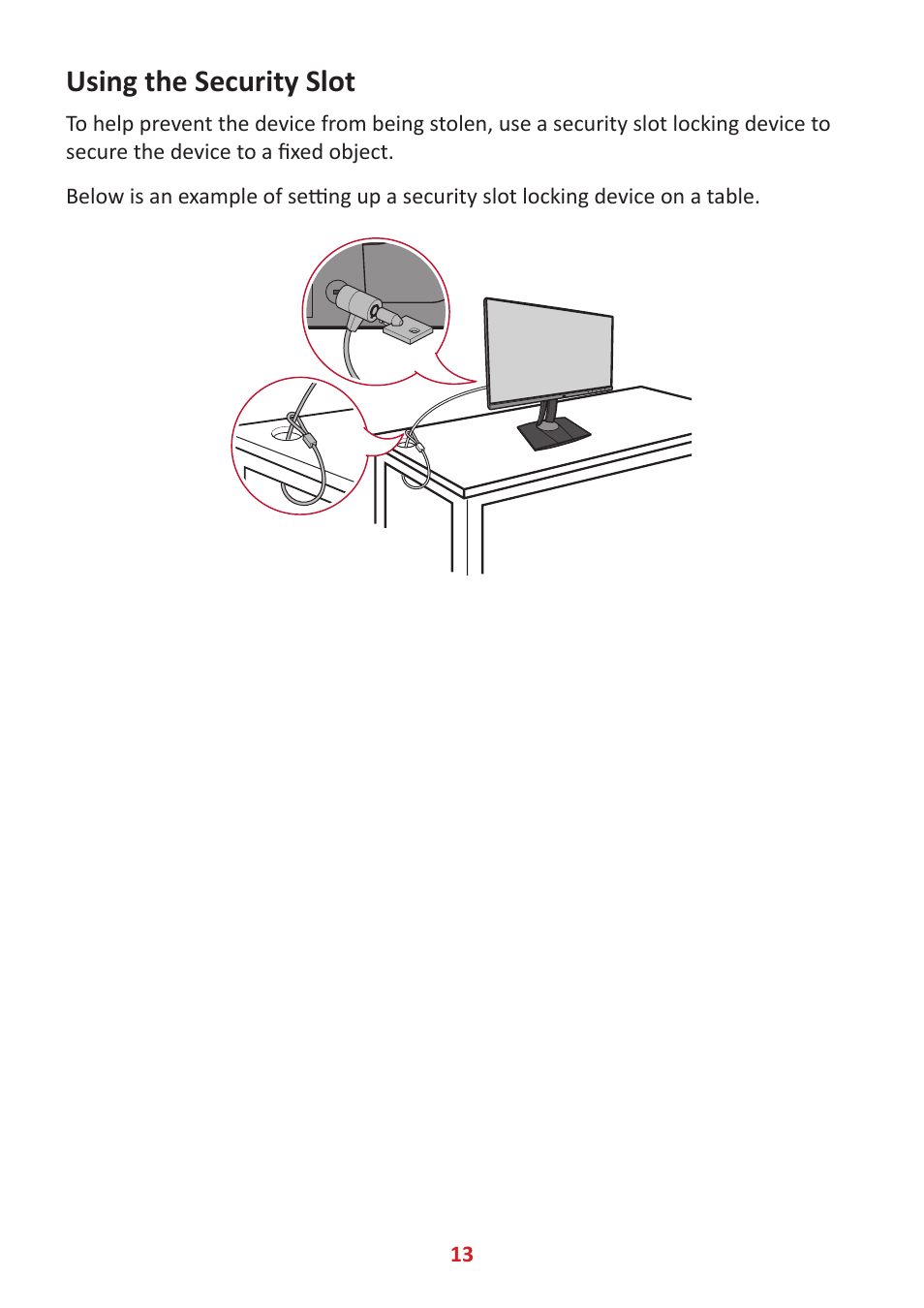 Using the security slot | VIEWSONIC VP2785-2K 27" 16:9 IPS Monitor User Manual | Page 13 / 81