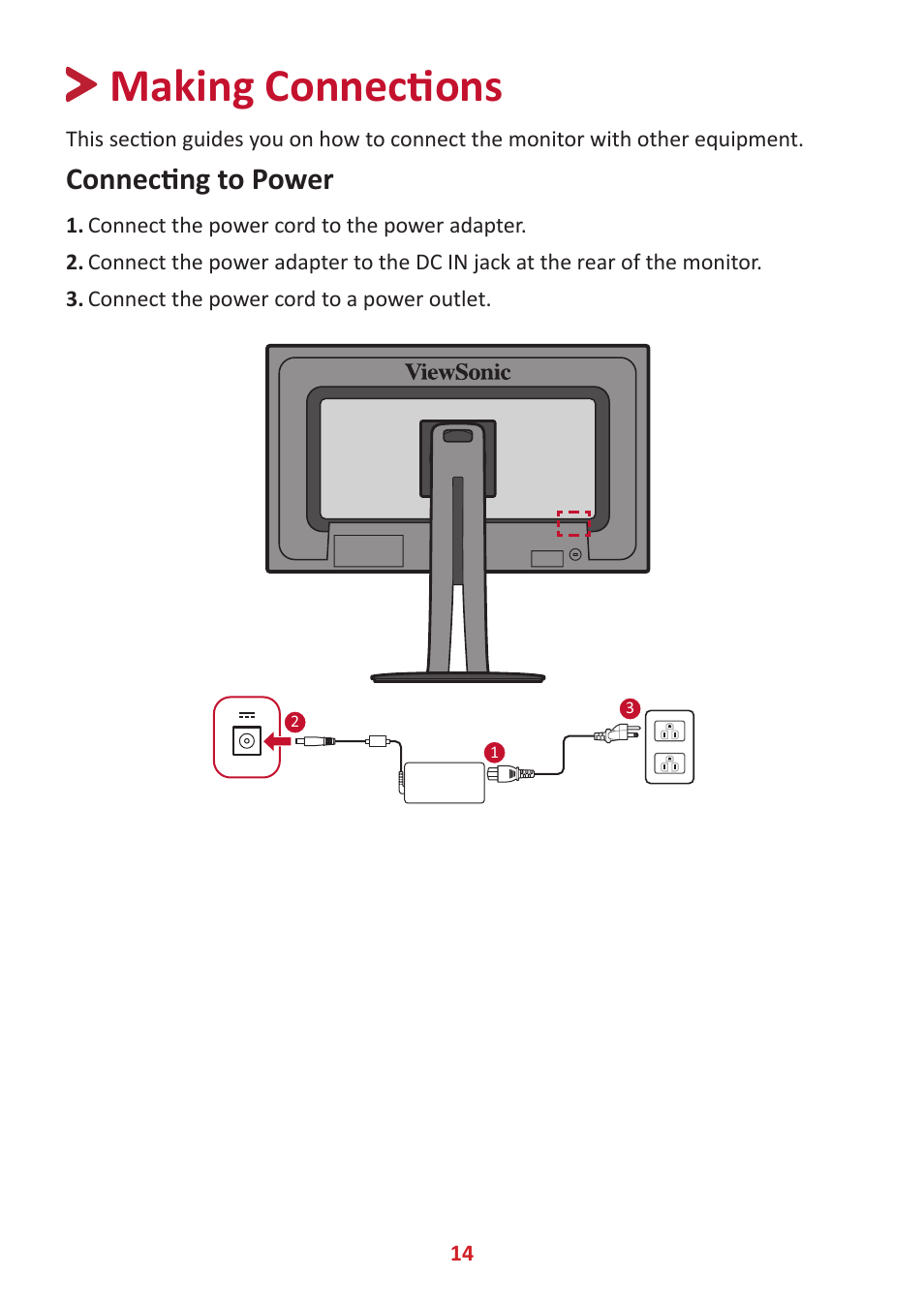 Making connections, Connecting to power | VIEWSONIC VP2785-2K 27" 16:9 IPS Monitor User Manual | Page 14 / 81