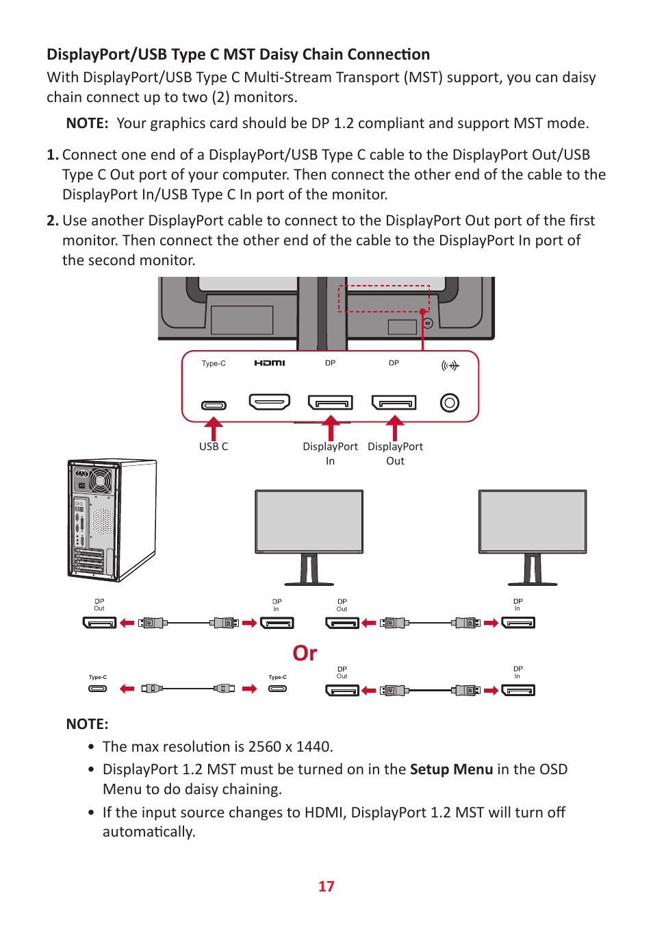 Displayport/usb mst daisy chain connection, Displayport/usb type c mst daisy chain connection | VIEWSONIC VP2785-2K 27" 16:9 IPS Monitor User Manual | Page 17 / 81