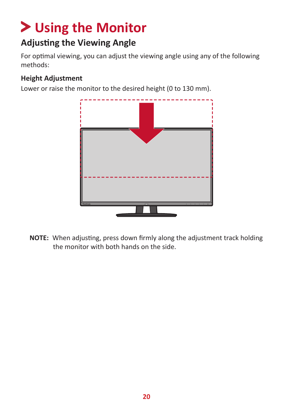 Using the monitor, Adjusting the viewing angle, Height adjustment | VIEWSONIC VP2785-2K 27" 16:9 IPS Monitor User Manual | Page 20 / 81