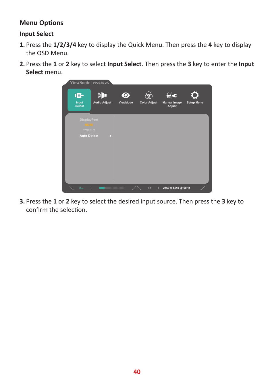 Menu options | VIEWSONIC VP2785-2K 27" 16:9 IPS Monitor User Manual | Page 40 / 81