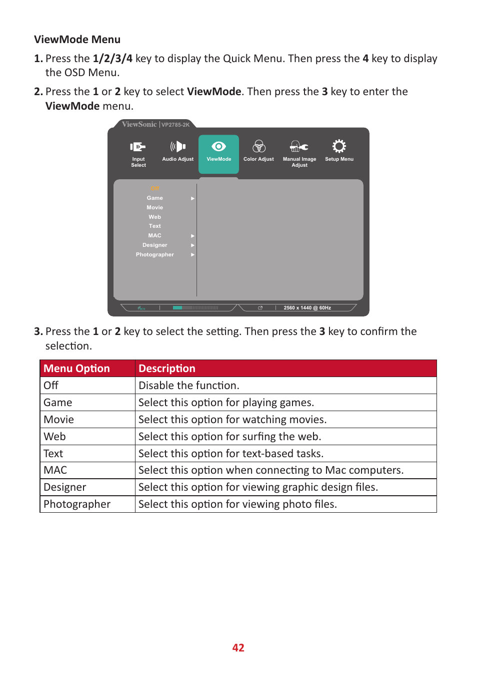 VIEWSONIC VP2785-2K 27" 16:9 IPS Monitor User Manual | Page 42 / 81