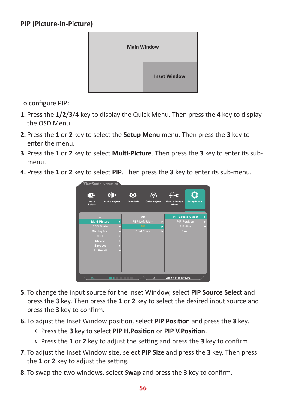 Pip (picture-in-picture) | VIEWSONIC VP2785-2K 27" 16:9 IPS Monitor User Manual | Page 56 / 81