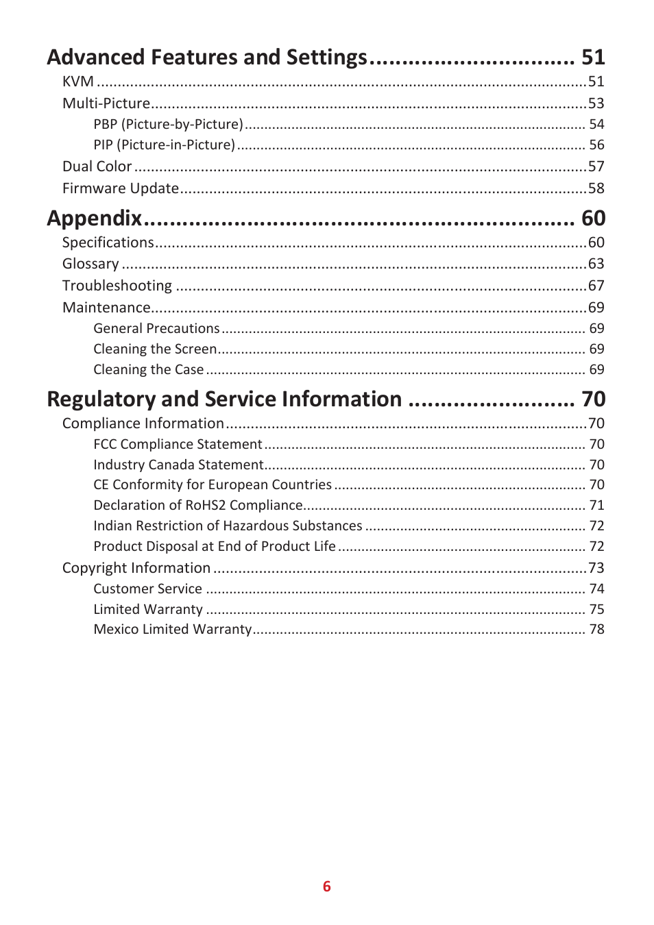 Advanced features and settings, Appendix, Regulatory and service information | VIEWSONIC VP2785-2K 27" 16:9 IPS Monitor User Manual | Page 6 / 81