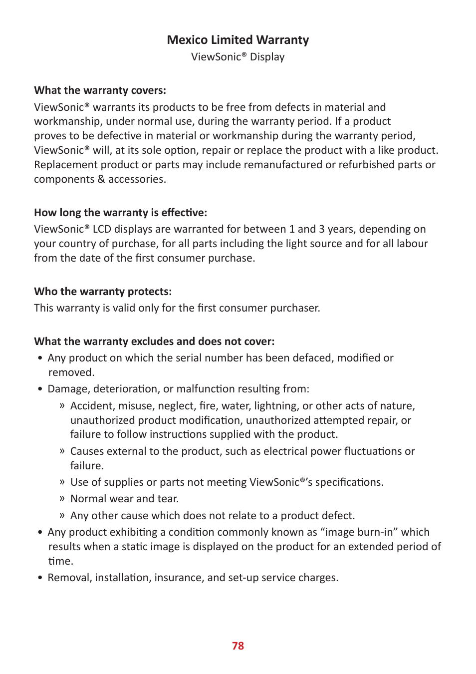 Mexico limited warranty | VIEWSONIC VP2785-2K 27" 16:9 IPS Monitor User Manual | Page 78 / 81