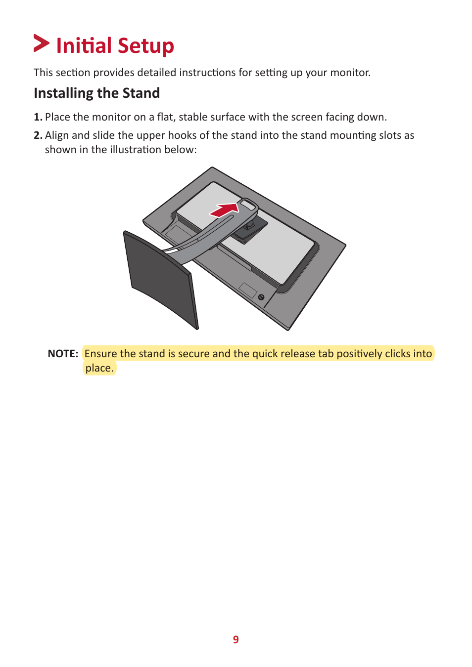 Initial setup, Installing the stand | VIEWSONIC VP2785-2K 27" 16:9 IPS Monitor User Manual | Page 9 / 81