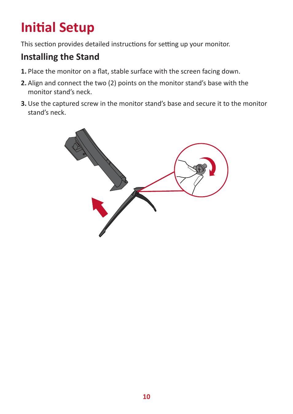 Initial setup, Installing the stand | VIEWSONIC Elite XG340C-2K 34" 1440p HDR 180 Hz Curved Ultrawide Gaming Monitor User Manual | Page 10 / 90