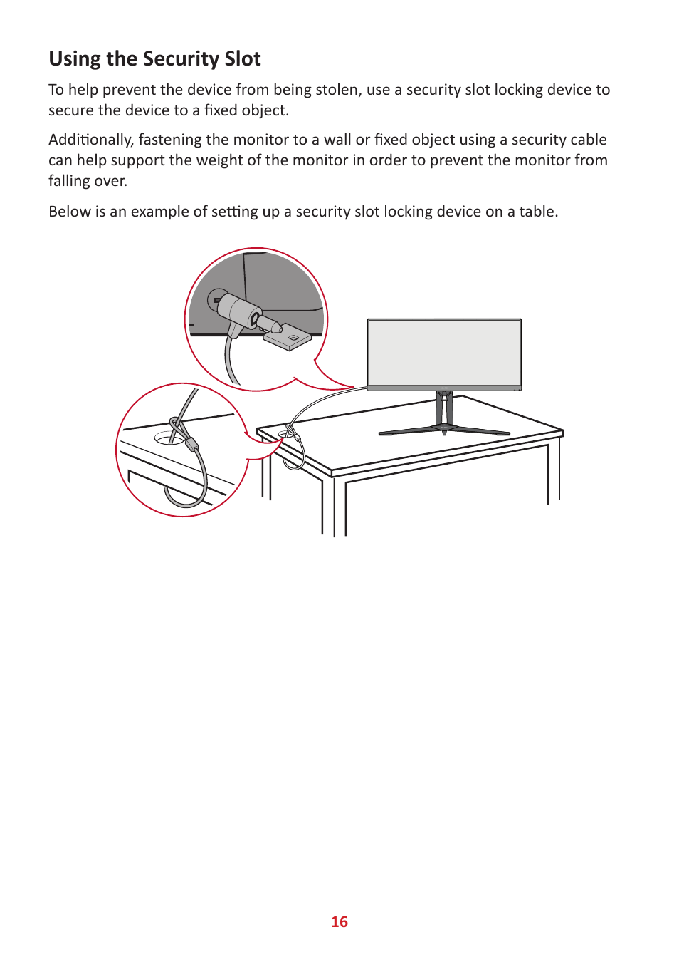 Using the security slot | VIEWSONIC Elite XG340C-2K 34" 1440p HDR 180 Hz Curved Ultrawide Gaming Monitor User Manual | Page 16 / 90