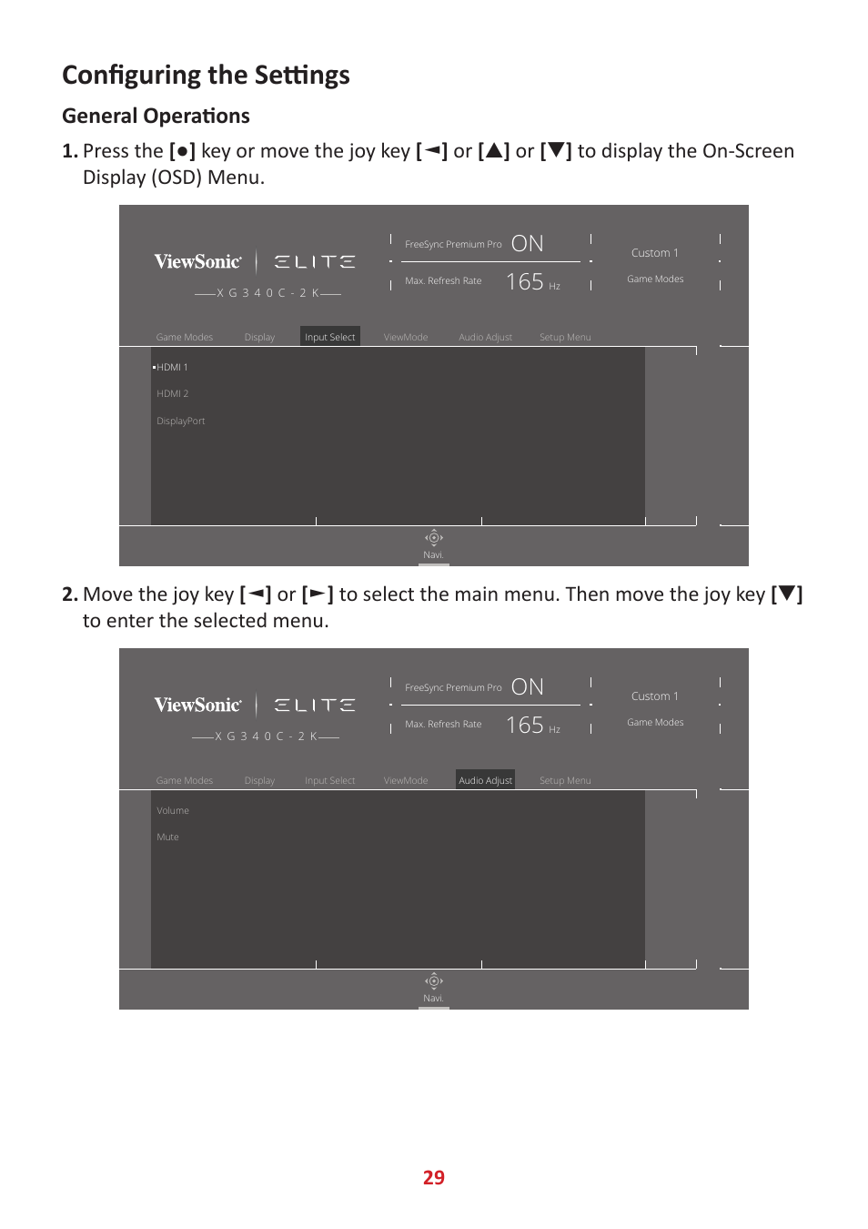 Configuring the settings, General operations | VIEWSONIC Elite XG340C-2K 34" 1440p HDR 180 Hz Curved Ultrawide Gaming Monitor User Manual | Page 29 / 90