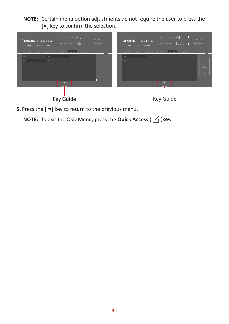 Key guide | VIEWSONIC Elite XG340C-2K 34" 1440p HDR 180 Hz Curved Ultrawide Gaming Monitor User Manual | Page 31 / 90