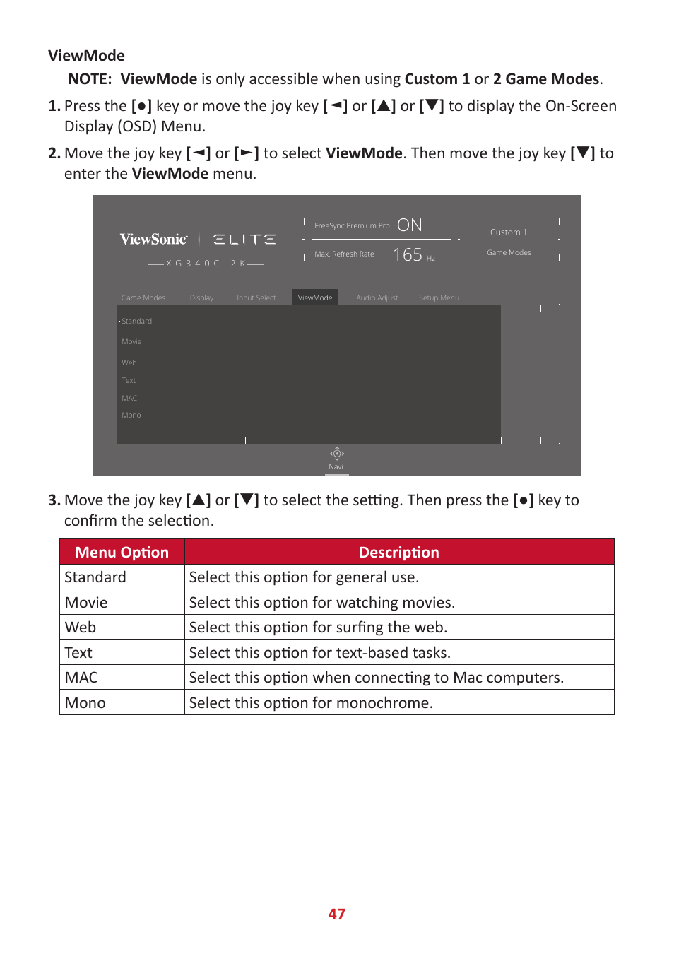 VIEWSONIC Elite XG340C-2K 34" 1440p HDR 180 Hz Curved Ultrawide Gaming Monitor User Manual | Page 47 / 90