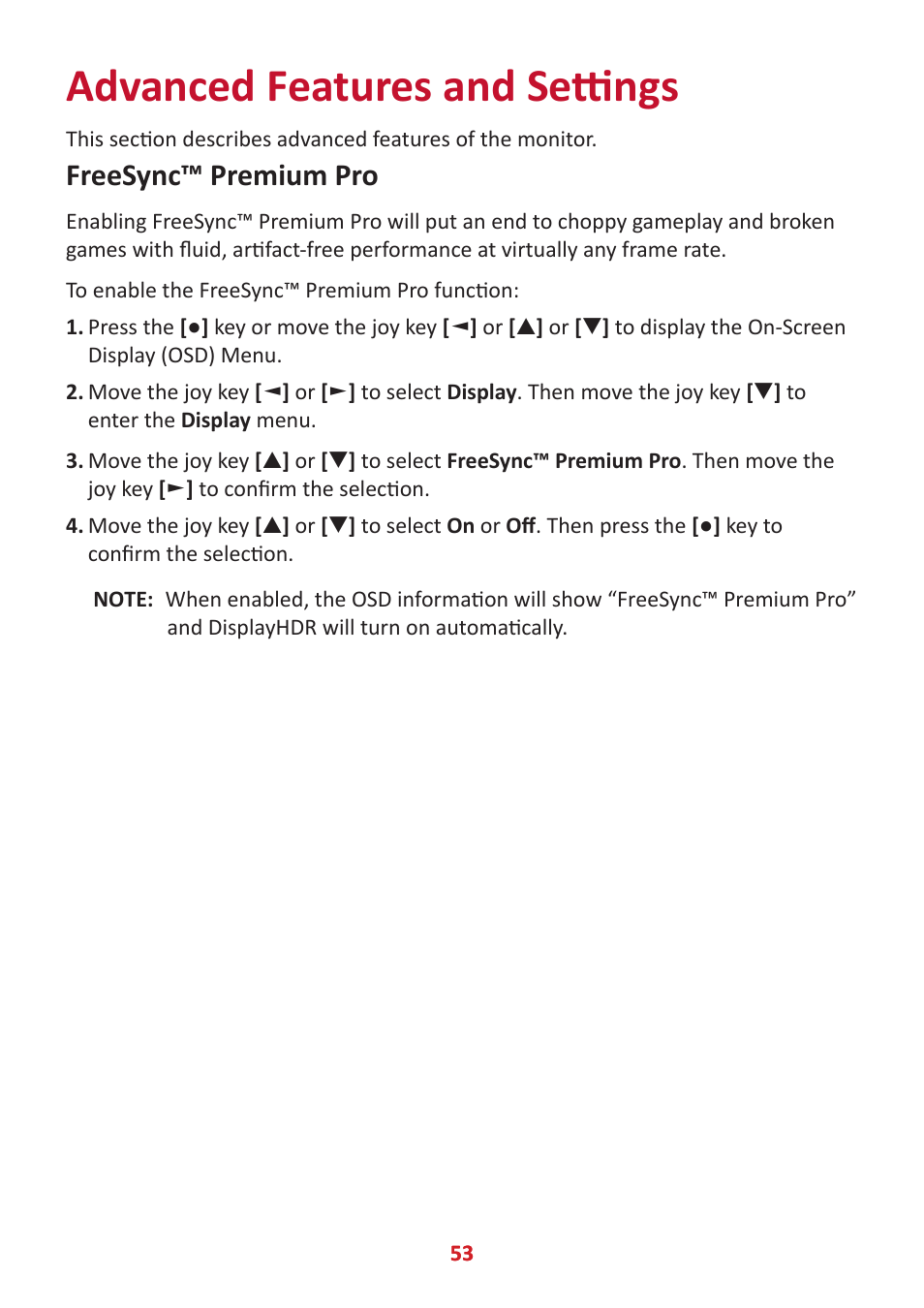 Advanced features and settings, Freesync™ premium pro | VIEWSONIC Elite XG340C-2K 34" 1440p HDR 180 Hz Curved Ultrawide Gaming Monitor User Manual | Page 53 / 90