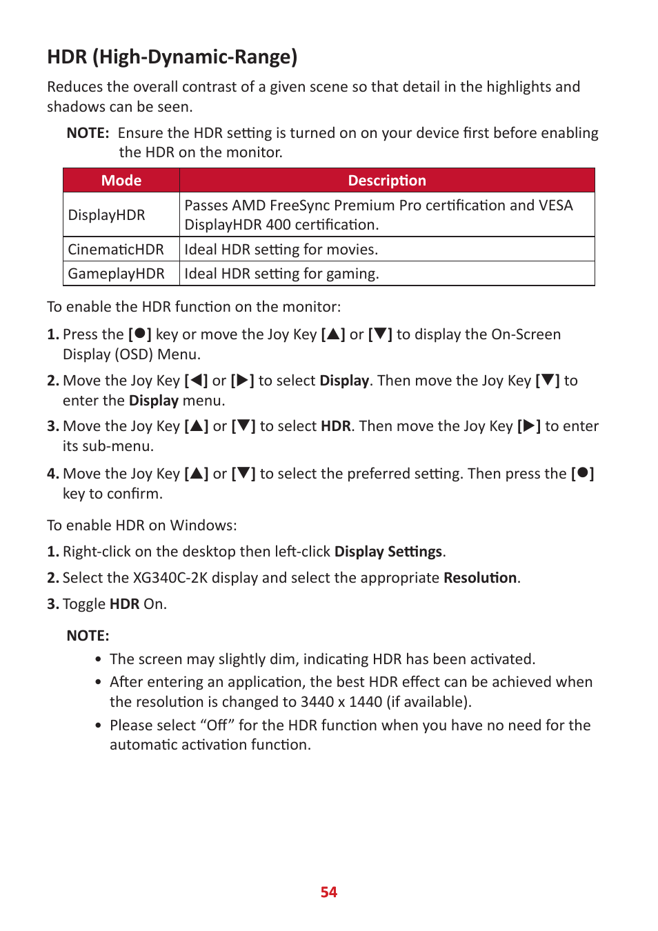 Hdr (high-dynamic-range) | VIEWSONIC Elite XG340C-2K 34" 1440p HDR 180 Hz Curved Ultrawide Gaming Monitor User Manual | Page 54 / 90