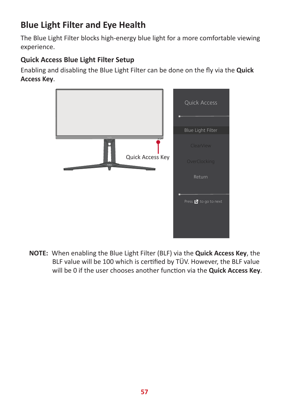 Blue light filter and eye health, Quick access blue light filter setup | VIEWSONIC Elite XG340C-2K 34" 1440p HDR 180 Hz Curved Ultrawide Gaming Monitor User Manual | Page 57 / 90