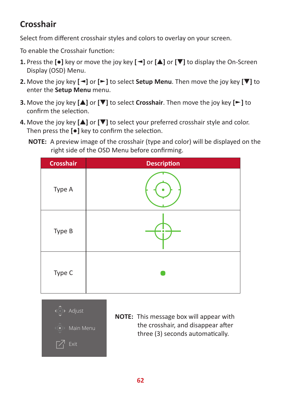 Crosshair | VIEWSONIC Elite XG340C-2K 34" 1440p HDR 180 Hz Curved Ultrawide Gaming Monitor User Manual | Page 62 / 90