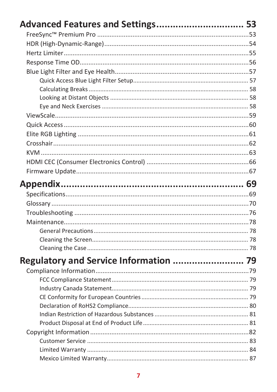 Advanced features and settings, Appendix, Regulatory and service information | VIEWSONIC Elite XG340C-2K 34" 1440p HDR 180 Hz Curved Ultrawide Gaming Monitor User Manual | Page 7 / 90