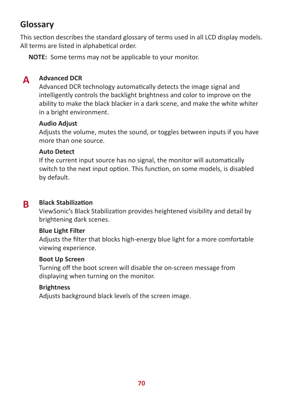 Glossary | VIEWSONIC Elite XG340C-2K 34" 1440p HDR 180 Hz Curved Ultrawide Gaming Monitor User Manual | Page 70 / 90