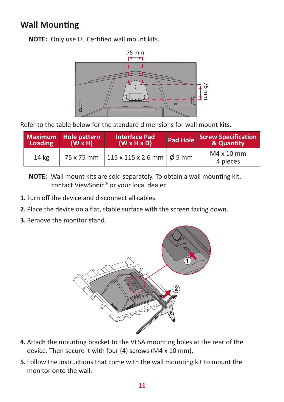Wall mounting | VIEWSONIC VX3418-2KPC 34" 21:9 Curved VA Gaming Monitor User Manual | Page 11 / 47