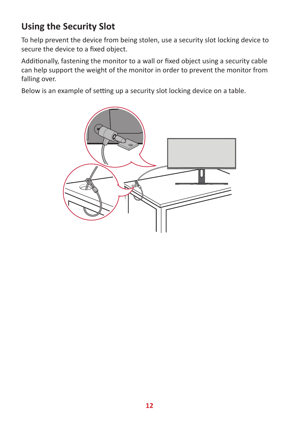 Using the security slot | VIEWSONIC VX3418-2KPC 34" 21:9 Curved VA Gaming Monitor User Manual | Page 12 / 47