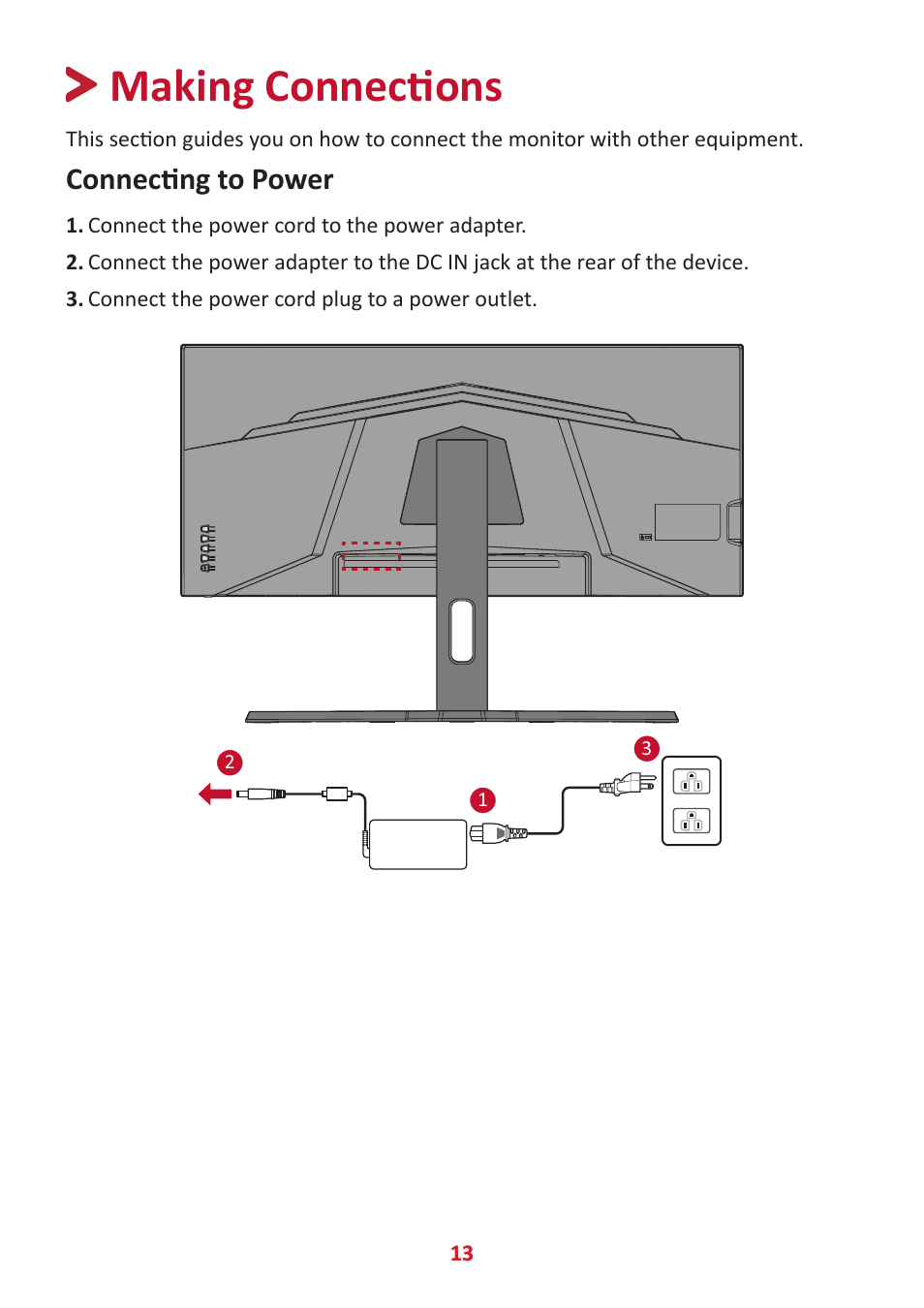 Making connections, Connecting to power | VIEWSONIC VX3418-2KPC 34" 21:9 Curved VA Gaming Monitor User Manual | Page 13 / 47