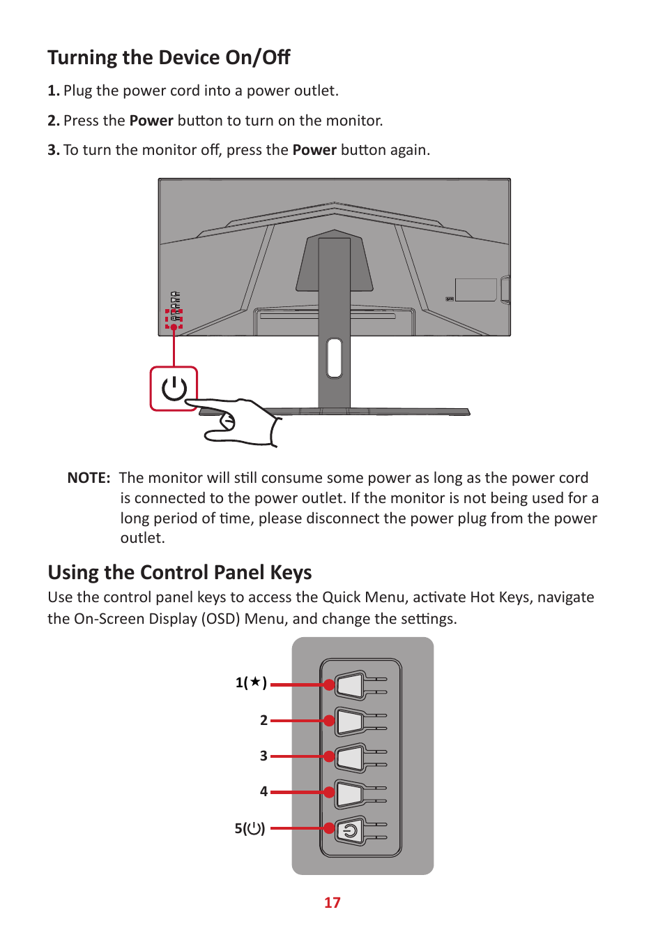 Turning the device on/off, Using the control panel keys | VIEWSONIC VX3418-2KPC 34" 21:9 Curved VA Gaming Monitor User Manual | Page 17 / 47