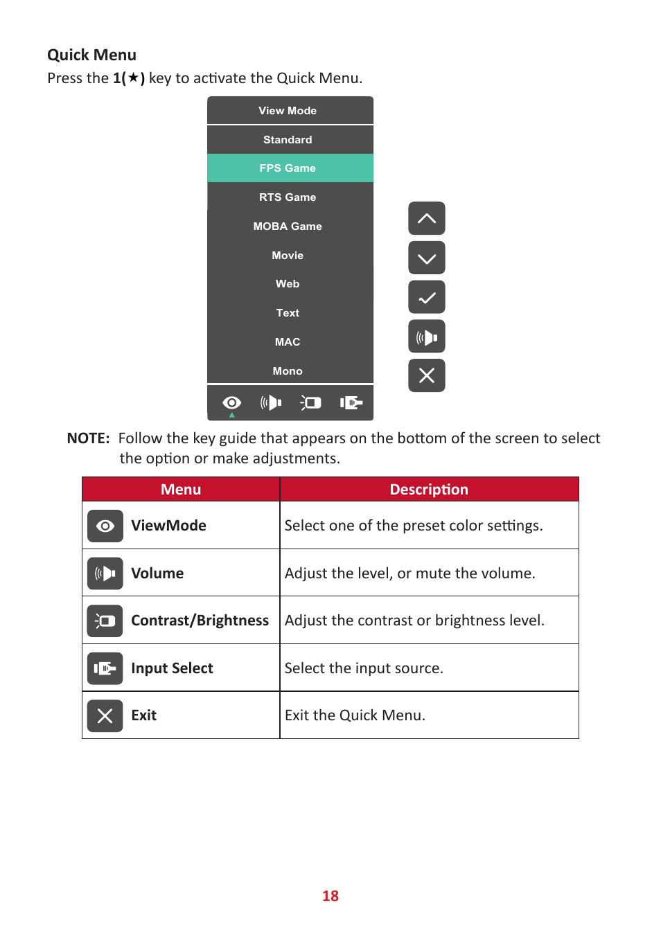Quick menu | VIEWSONIC VX3418-2KPC 34" 21:9 Curved VA Gaming Monitor User Manual | Page 18 / 47