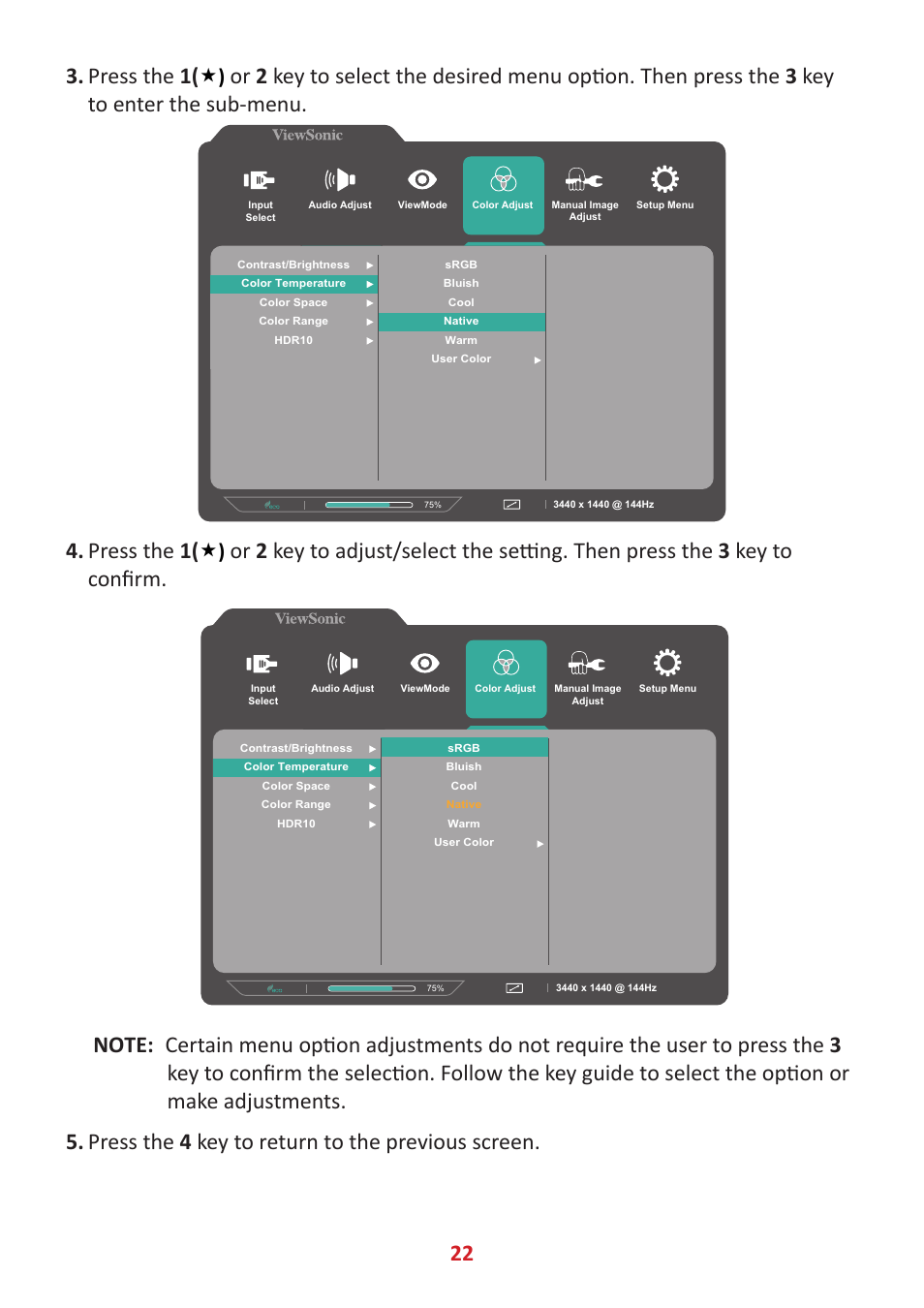 22 3. press the 1, Press the 1 | VIEWSONIC VX3418-2KPC 34" 21:9 Curved VA Gaming Monitor User Manual | Page 22 / 47
