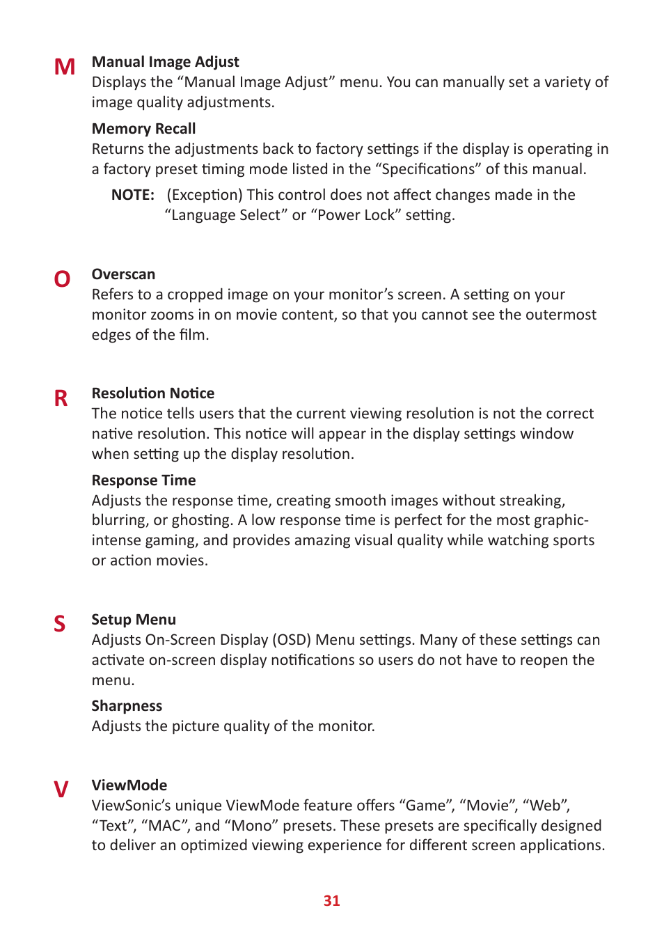 VIEWSONIC VX3418-2KPC 34" 21:9 Curved VA Gaming Monitor User Manual | Page 31 / 47