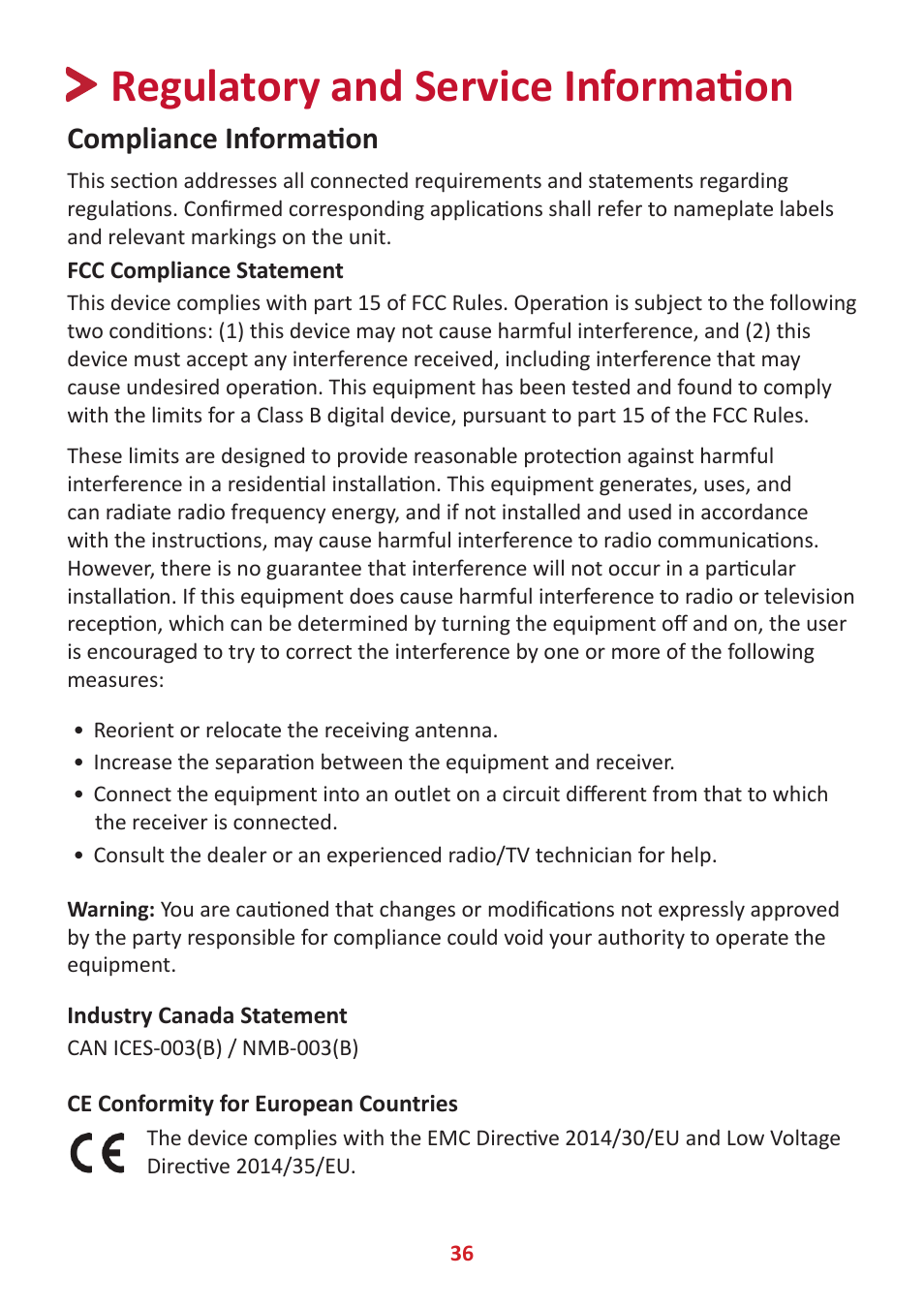 Regulatory and service information, Compliance information, Fcc compliance statement | Industry canada statement, Ce conformity for european countries | VIEWSONIC VX3418-2KPC 34" 21:9 Curved VA Gaming Monitor User Manual | Page 36 / 47