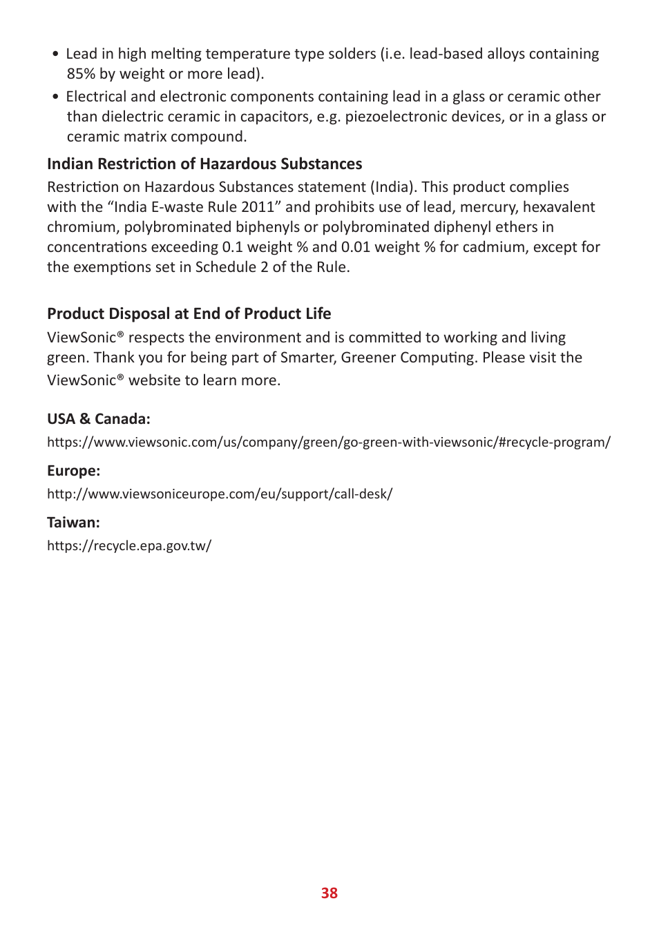 Indian restriction of hazardous substances, Product disposal at end of product life | VIEWSONIC VX3418-2KPC 34" 21:9 Curved VA Gaming Monitor User Manual | Page 38 / 47