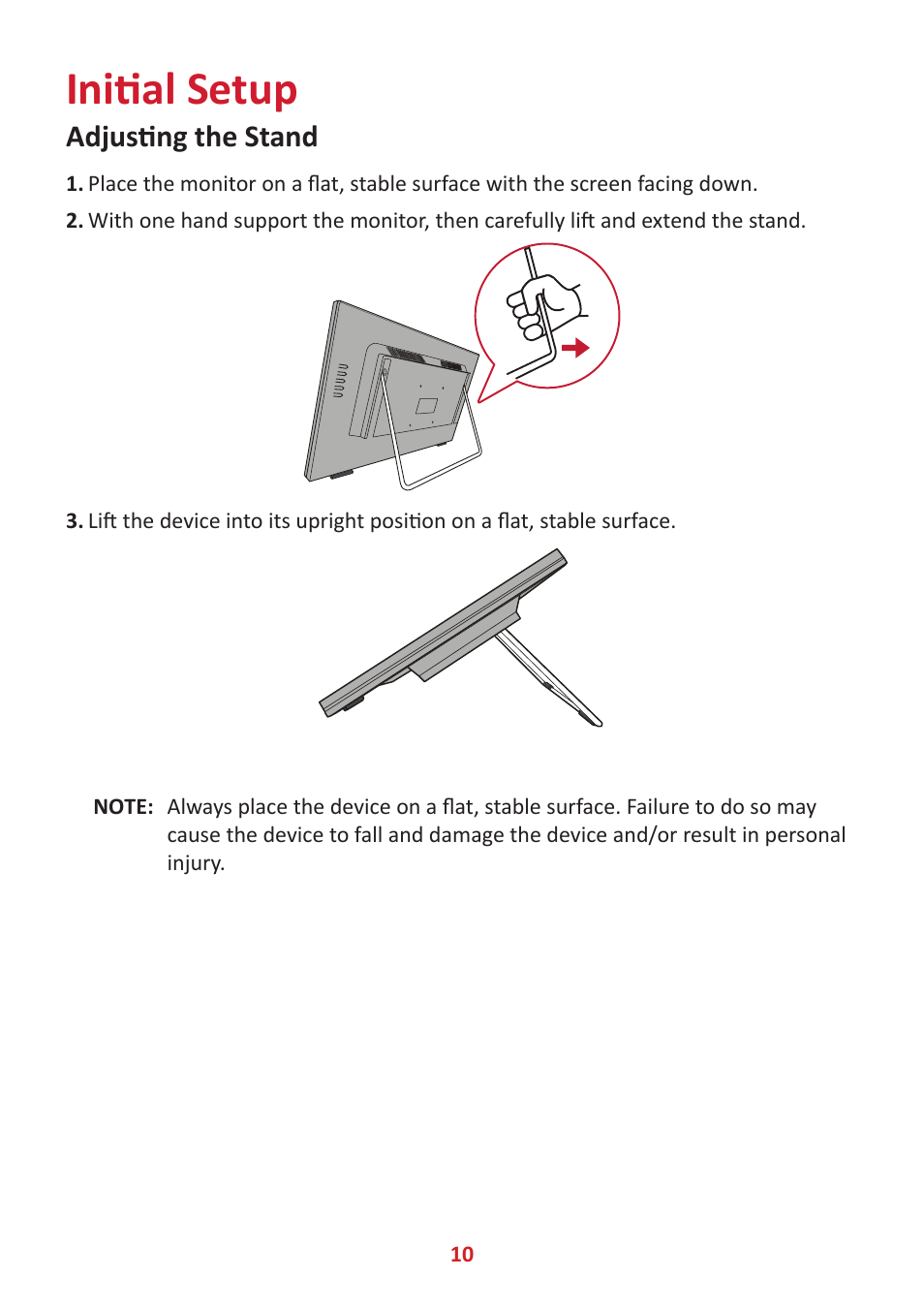 Initial setup, Adjusting the stand | VIEWSONIC 24" Frameless Touchscreen Monitor User Manual | Page 10 / 57