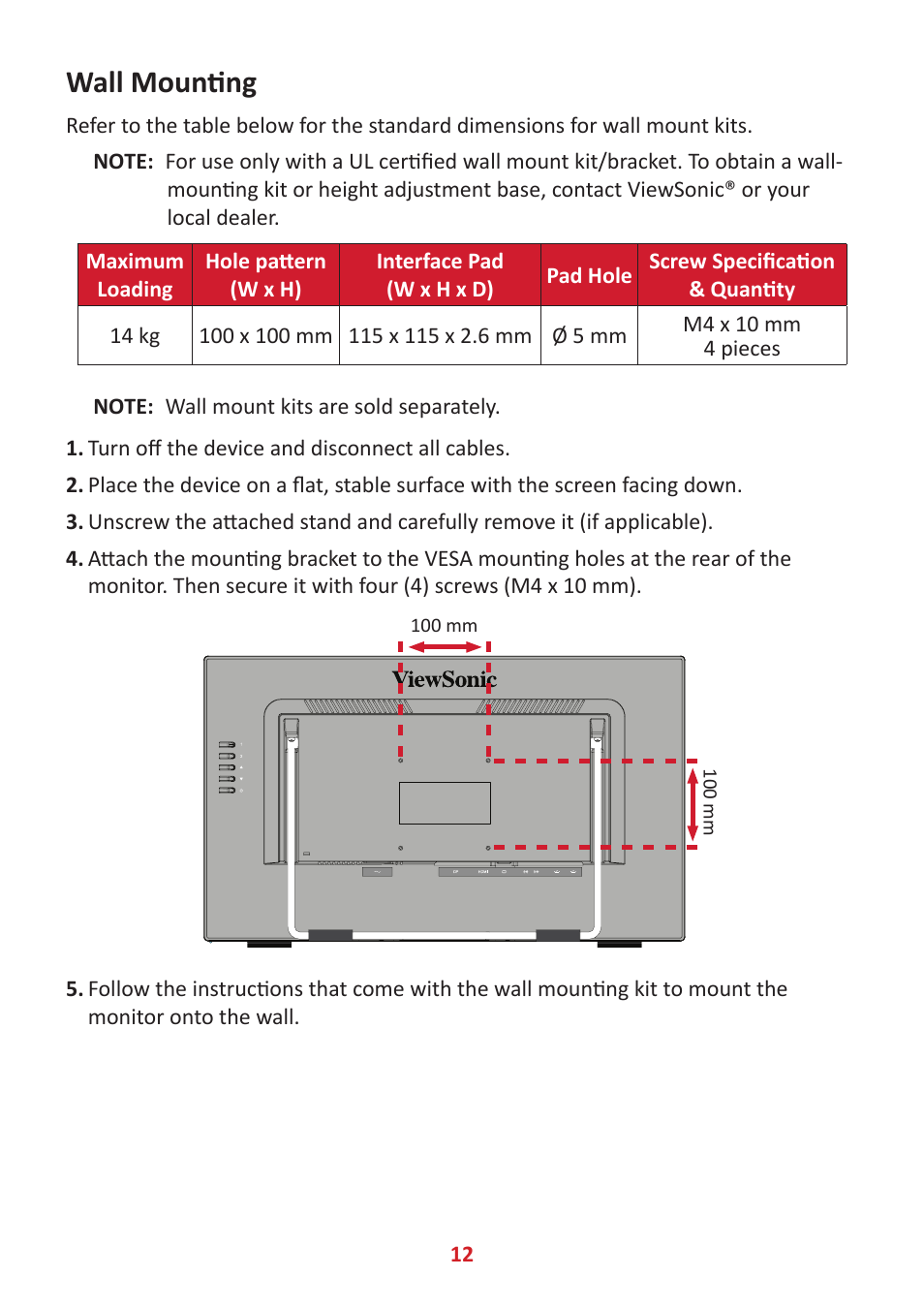 Wall mounting | VIEWSONIC 24" Frameless Touchscreen Monitor User Manual | Page 12 / 57