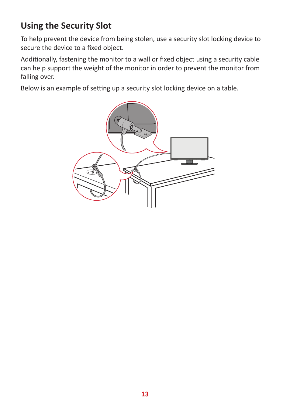 Using the security slot | VIEWSONIC 24" Frameless Touchscreen Monitor User Manual | Page 13 / 57